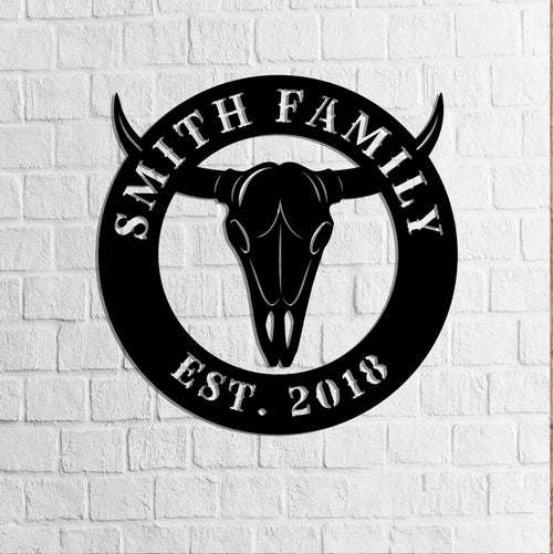 Bull Skull Sign Custom Metal Sign Steel Art Skull Antlers Southwestern Decor Entry Sign Longhorns Sign West Sign