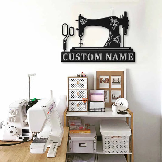 Personalized Name Sewing Machine And Sewing Scissors Metal House Sign Laser Cut Metal Signs Custom Gift Ideas - 8 inches - metal sign