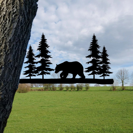Bear In Forrest Metal Tree Stake, Cabin Decor, Gift For Bear Lovers Laser Cut Metal Signs Custom Gift Ideas