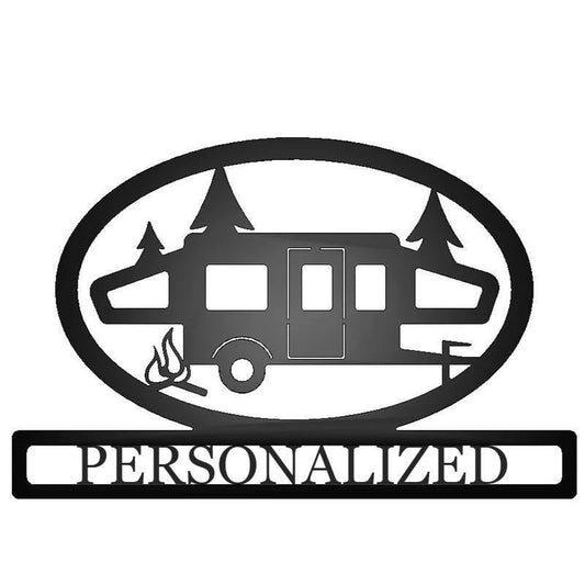 Popup Camper With Personalized Name Metal Sign Customizable Staked Steel Camp Site Marker Laser Cut Metal Signs Custom Gift Ideas - 8 inches - metal sign
