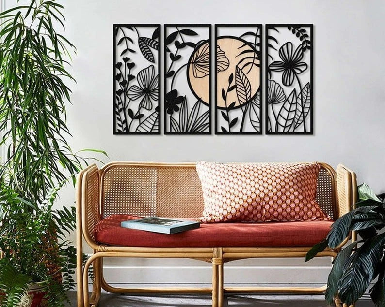 4 Panel Metal Wall Decor Large Living Room Wall Art Nature & Sun Bedroom Wall Decor Above Bed Decor Wall Art