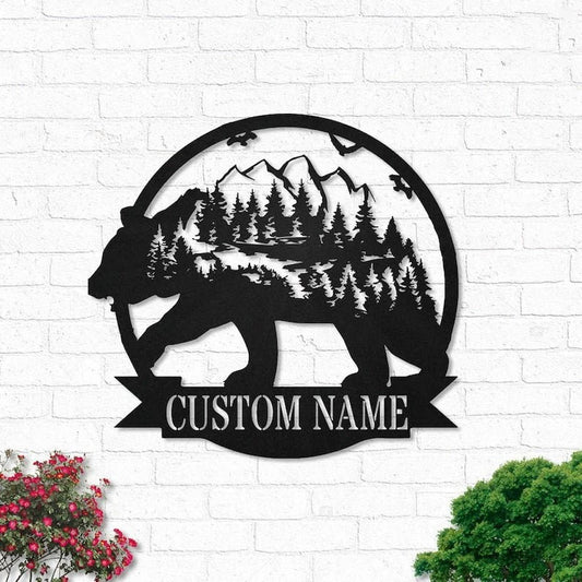 Custom Tree Mountain Bear Personalized Nature Name Sign Decoration For Living Room Wildlife - 8 inches - metal sign