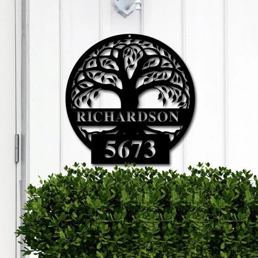 Tree of Life Custom Family Last Name And Number Personalized Metal House Sign - 8 inches - metal sign