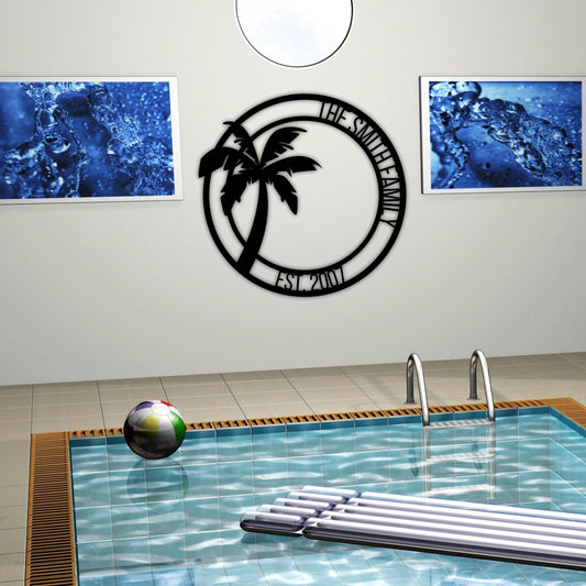Personalized Palm Tree Metal Sign, Beach House Signs, Door Hanger, Metal Wall Art, Beach Decor, Coastal - metal sign