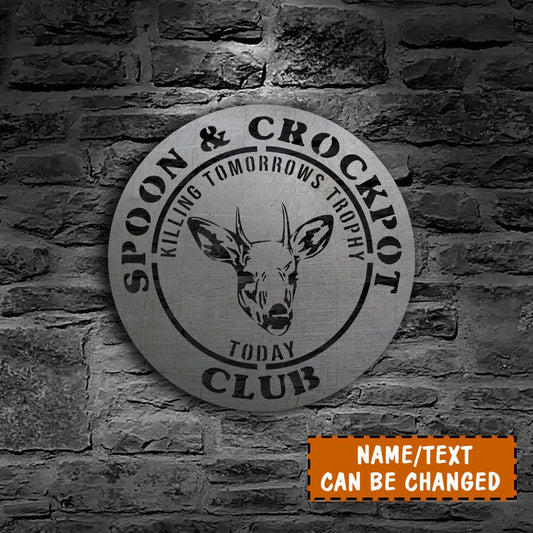 Custom Name Text Spoon & Crockpot Club Deer Metal Sign, Deer Hunting Wall Decoration Laser Cut Metal Signs Custom Gift Ideas - 8 inches - metal sign
