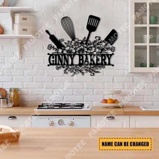 Personalized Name Utensils And Flowers Metal Art, Steel Plaque For Your Kitchen, Metal Laser Cut Metal Signs Custom Gift Ideas - 8 inches - metal sign