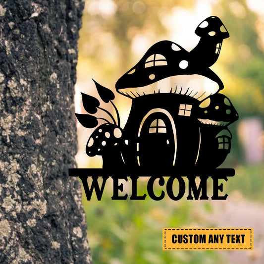 Customized Any Text Mushroom House Metal Tree Stake, Fungi, Fungus Metal Art, Metal Laser Cut Metal Signs Custom Gift Ideas - 8 inches - metal sign