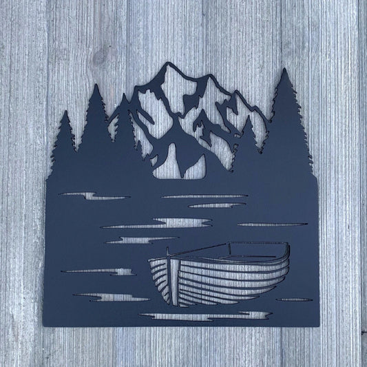 Row Boat And Mountain Metal Sign Cutout Cut Metal Sign Wall Metal Art - 8 inches - metal sign