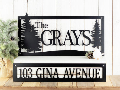 2Pcs Custom Name And Address Metal Sign, Pine Trees, Outdoor Sign, Metal Wall Art, House Number Laser Cut Metal Signs