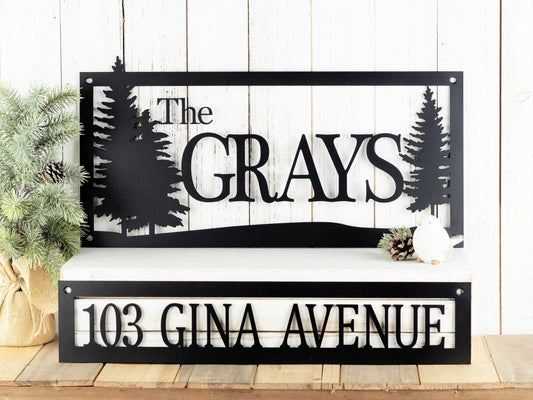 2Pcs Custom Name And Address Metal Sign, Pine Trees, Outdoor Sign, Metal Wall Art, House Number Laser Cut Metal Signs