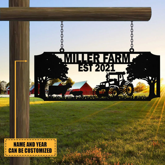Personalized Metal Farm Sign Cow Tractor Monogram, Custom Outdoor Farmhouse, Front Gate Laser Cut Metal Signs Custom Gift Ideas - 8 inches - metal sign