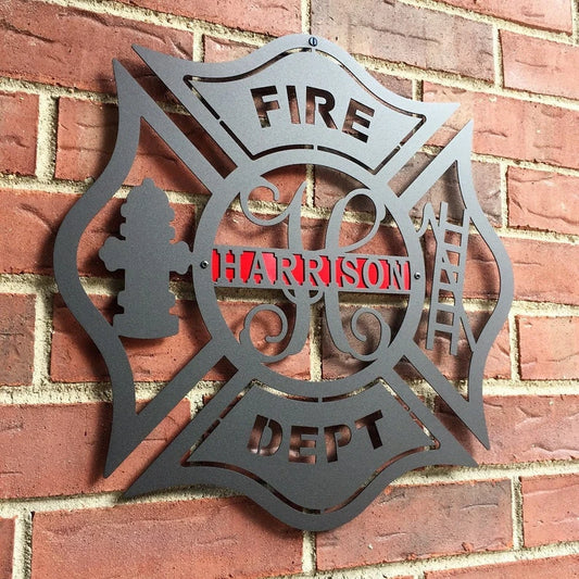 Firefighter Metal Maltese Cross W Ladder, Custom Metal Fire Department Sign Monogram Door Hanger - metal sign