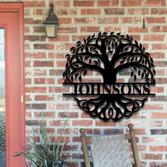 Custom Family Last Name Tree of Life Monogram Personalized Metal House Sign - 8 inches - metal sign