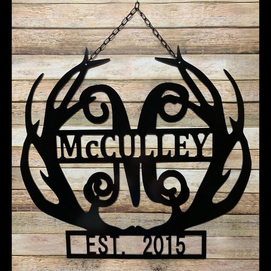 Personalized Gift For Him Deer Antler Wall Decor, Family Name & Established Date Sign, Monogram Hunter - metal sign