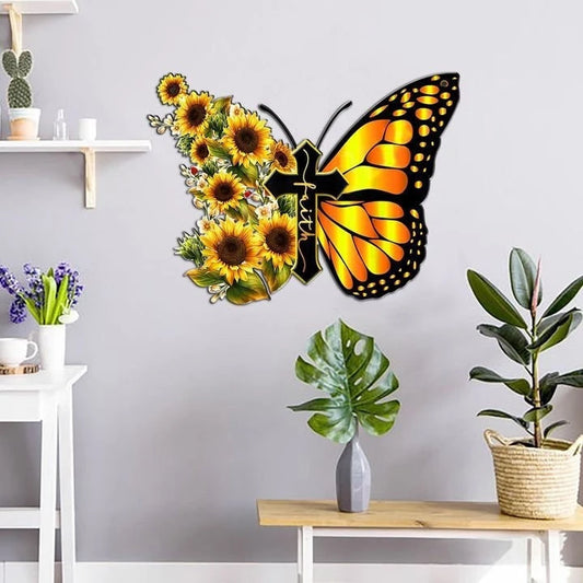 Personalized Butterfly Metal Signs, Christian Cross Sunflower, Faith Over Fear Metal Sign Art, House - metal sign