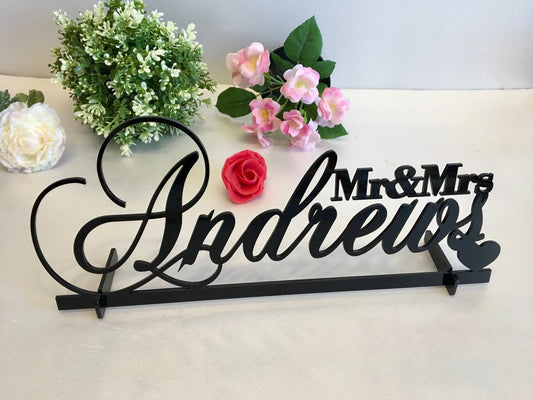 Mr And Mrs Wedding Table Sign & Heart Personalized Last Name Wedding Centerpieces Surname Sweetheart - wedding detail