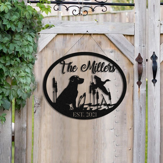 Personalized Family Name Duck Hunting Dog Hunter Metal Sign, Metal Laser Cut Metal Signs Custom Gift Ideas - 8 inches - metal sign