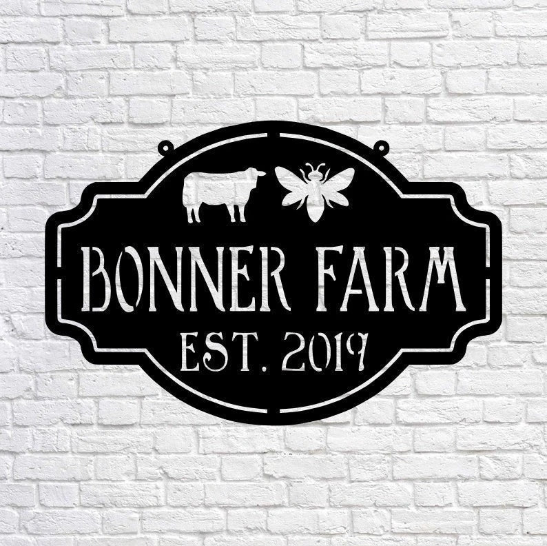 Metal Farm Sign , Bee And Cow Personalized Family Name Metal Sign Housewarming Gift Wedding Gift Personalized Gift, Laser Cut Metal Signs Custom Gift Ideas