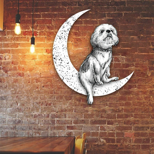 Dog Metal Sign Grey Shih Tzu Sit On The Moon Gift for Dog Lover