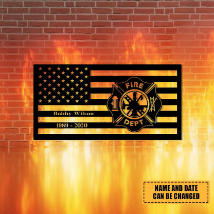 Custom Name Date Retired Firefighter Logo Metal Sign, American Flag Wall Hanging, Metal Laser Cut Metal Signs Custom Gift Ideas
