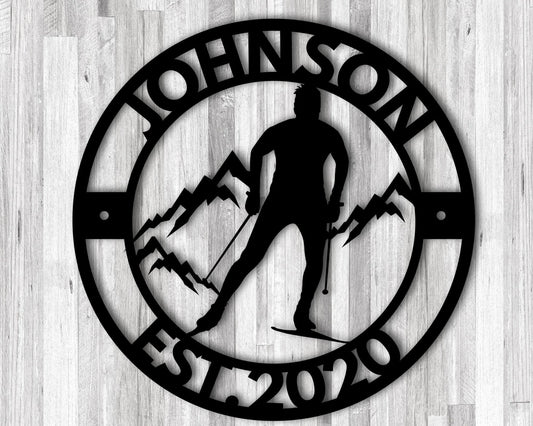 Custom Snow Skier Name Sign Personalized Snow Skiing Family Name Sign Snow Skier Gifts With Name Snow Ski Sign Custom Metal Sign - 8 inches - metal sign