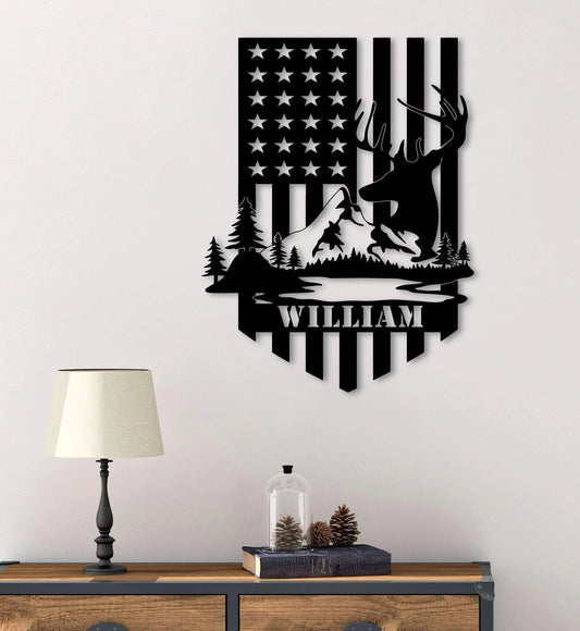 Dear Hunting American Flag Metal Sign Mountain Sign Deer Sign Hunting Sign Hunter Gift Metal Name Sign - 8 inches - metal sign