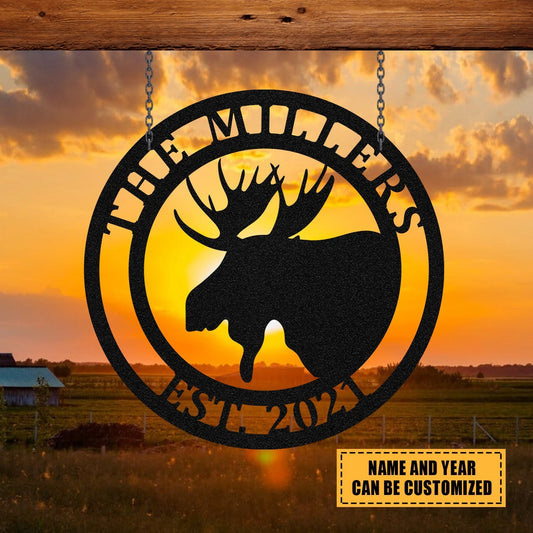 Personalized Family Name Moose Deer Hunting Hunter Metal Sign, Metal Laser Cut Metal Signs Custom Gift Ideas - 8 inches - metal sign