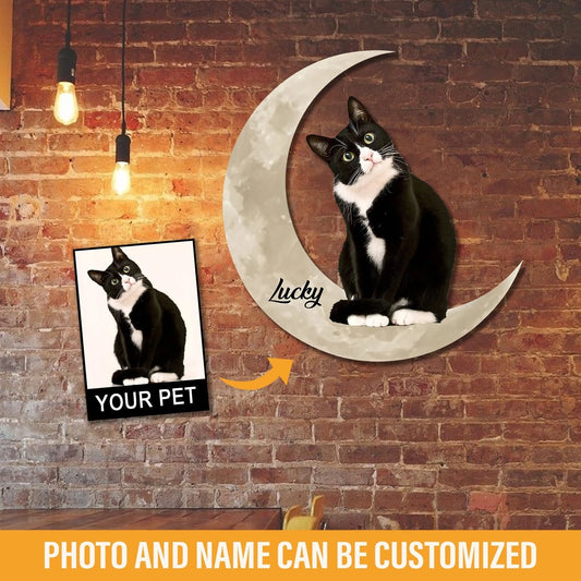 Tuxedo Cat And Moon Funny Personalized Photo And Name Cut Metal Sign, Custom Christmas Gift Wall - metal sign