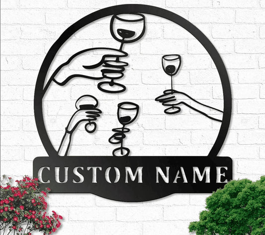 Custom Name Glass Of Wine Metal House Sign - 8 inches - metal sign