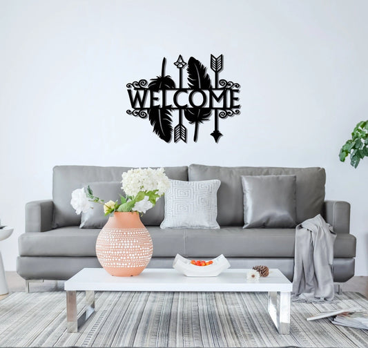 Welcome Sign Decor Outdoor Indoor Metal Sign Non Rust Metal Decor Home Entrance Decoration Feathers Decor Metal Abstract Art