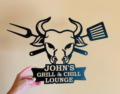 Personalized Metal Bbq Sign For Porch Grill & Chill Lounge Custom Name Sign Barbecue Outdoor Dad's Bbq Wall Art Sign Grill Father Bull Head Laser Cut Metal Signs Custom Gift Ideas