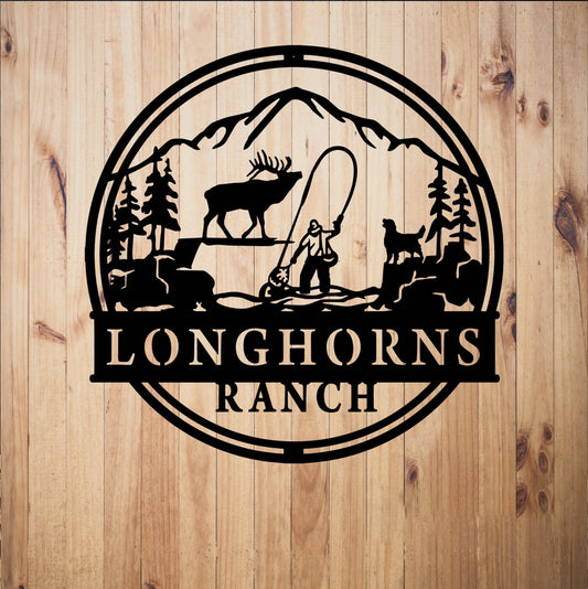 Landscape Fisherman Hunting Dog Elk Fishing Wild Mountains Metal Art Decor Metal Cut - 8 inches - metal sign