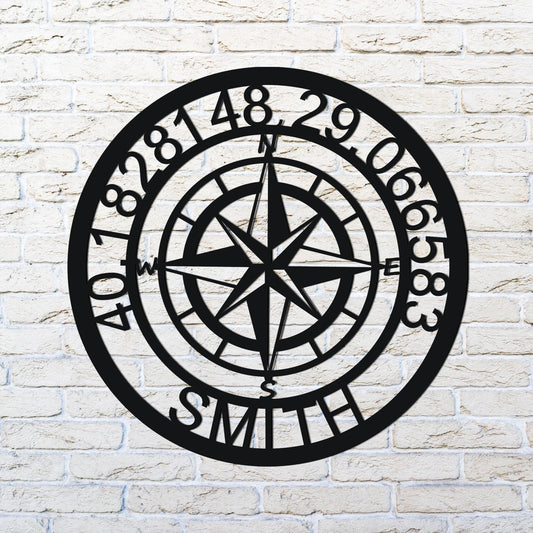 Personelized Nautical Compass With Gps Coordinates - 8 inches - metal sign