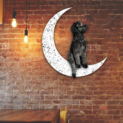 Dog Metal Sign Black Goldendoodle Sit On The Moon Dog Wall Sign Gift for Dog Lover