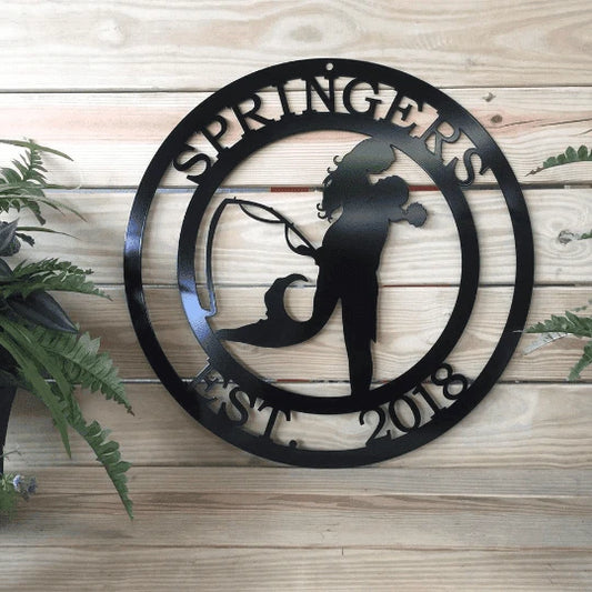 Mermaid & Fisherman Sign Cut Metal Sign Metal House Sign - 8 inches - metal sign