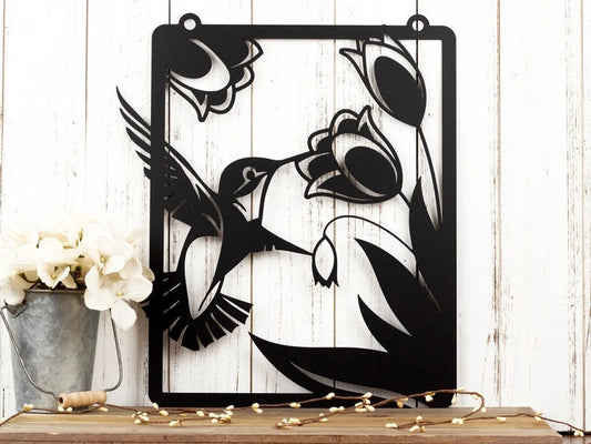 Hummingbird In Floral Garden Metal House Sign Laser Cut Metal Signs Custom Gift Ideas - 8 inches - metal sign