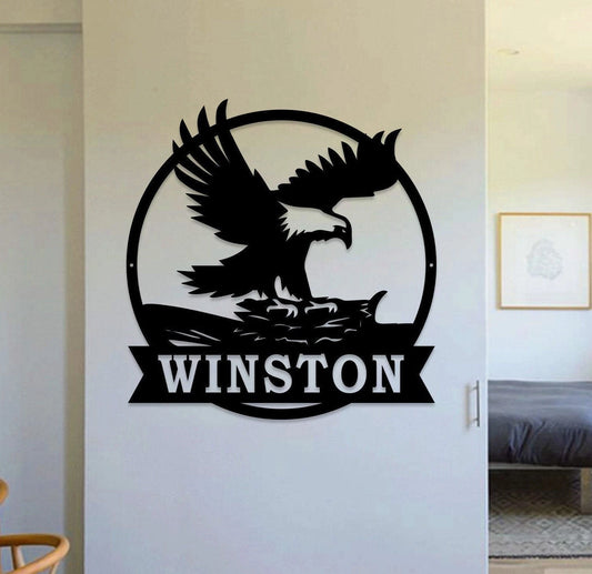 Personalized Flying Eagle Metal Art , Custom Metal Eagle Sign, Eagle Sign, American Flag , Custom Name - metal sign