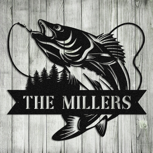 Personalized Family Name Walleye Fish Fishing Metal Sign, Metal Laser Cut Metal Signs Custom Gift Ideas - 8 inches - metal sign