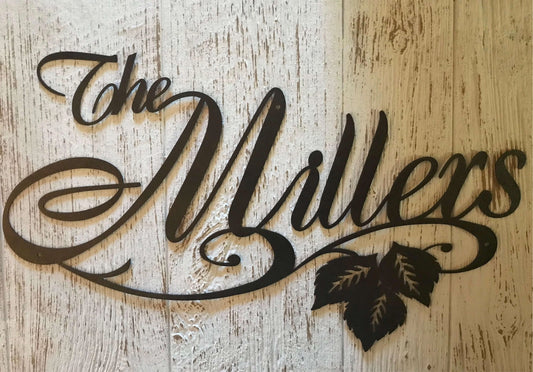 Elegant Metal Name Sign With Leaves Metal House Sign - 8 inches - metal sign