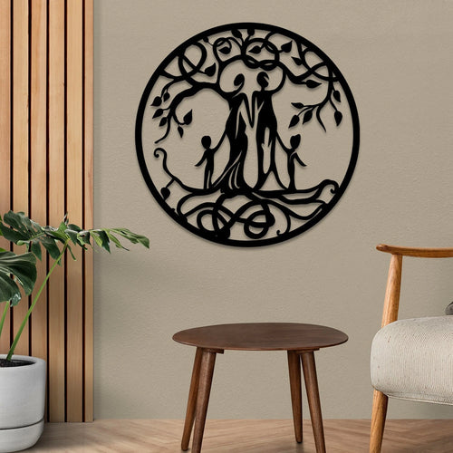 Mother, Father And Two Kids Tree Of Life Metal Art, Steel Wall Decor Laser Cut Metal Signs Custom Gift Ideas