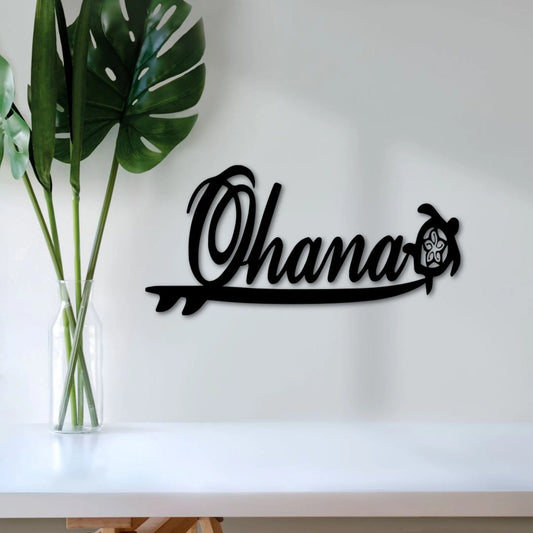 Ohana Metal Sign Hawaii Family Sign Hawaiian Art Ohana With Sea Turtle On Surfboard Surf Gifts Beach Decor Hawaii Gift - 8 inches - metal sign