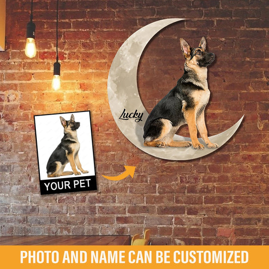 German Shepherd And Moon Funny Personalized Photo And Name Cut Metal Sign, Custom Christmas Gift Wall - metal sign