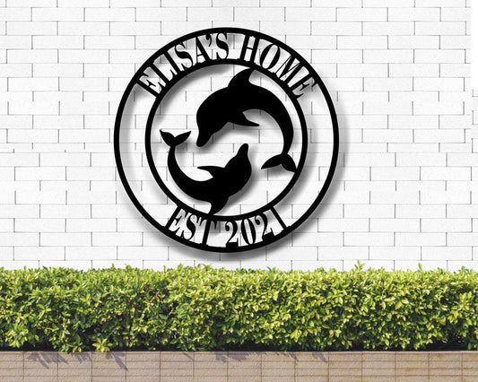 Metal Dolphin Sign, Personalized Metal Monogram, Family Name Sign, Lake House Sign, Beach Home Decor - metal sign