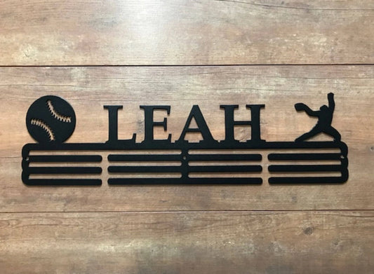 Softball Custom Name Medal Hanger Holder Display Rack 3 Rung, Cut Metal Sign, Metal Wall Art, Laser Cut Metal Signs Custom Gift Ideas - 8 inches - metal sign