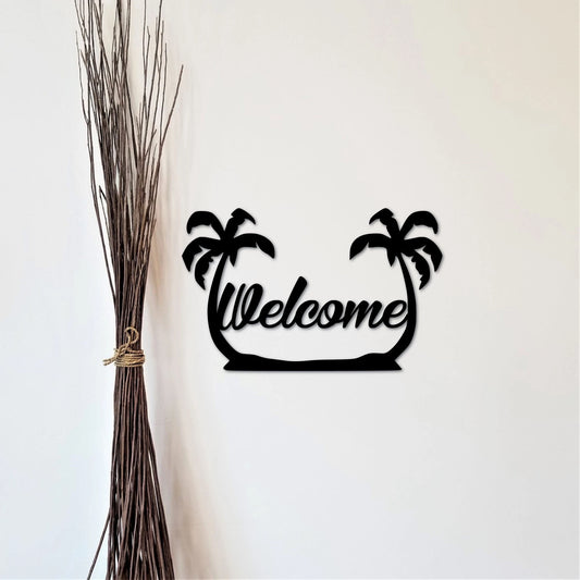 Palm Tree Welcome Sign Front Door Hanger Entryway Sign Tropical Or Beach Sign Hawaiian Decor Palm Tree Sign Vacation House Decor - 8 inches - metal sign