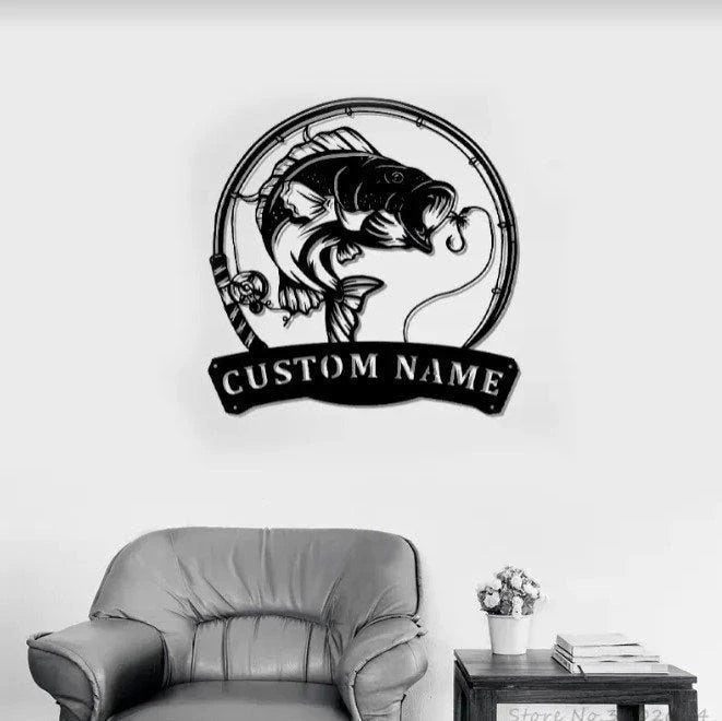 Bass Fishing Fish Pole Metal Sign Fishing Bass Sign Fishing Bass Gift For Men Fish Metal Name Sign Fisherman Gift