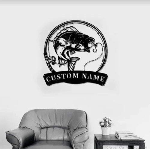 Bass Fishing Fish Pole Metal Sign Fishing Bass Sign Fishing Bass Gift For Men Fish Metal Name Sign Fisherman Gift