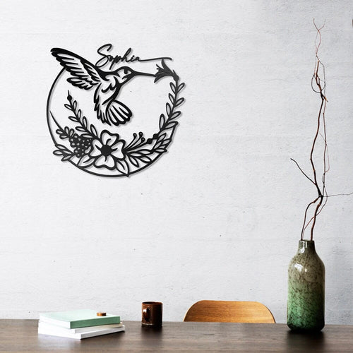 Custom Name Hummingbird Flower Metal House Sign