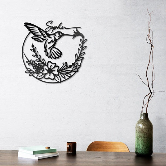Custom Name Hummingbird Flower Metal House Sign - 8 inches - metal sign