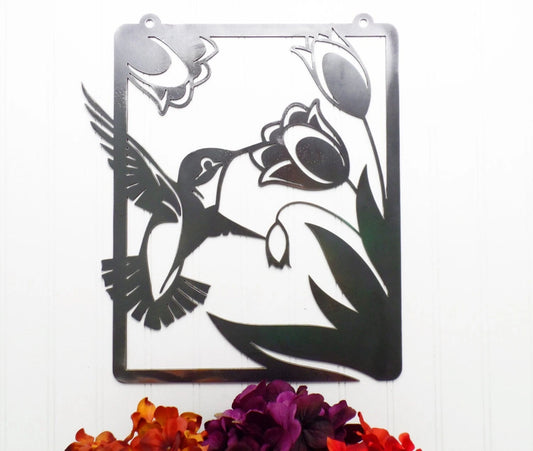 Hummingbird Garden Hanging Metal Sign Uncoated Bare Metal Garden Decoration Outdoor Sign Yard Art - 8 inches - metal sign